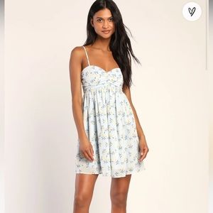 NWT Lulu’s New Day Light Blue Floral Print Babydoll Mini Dress